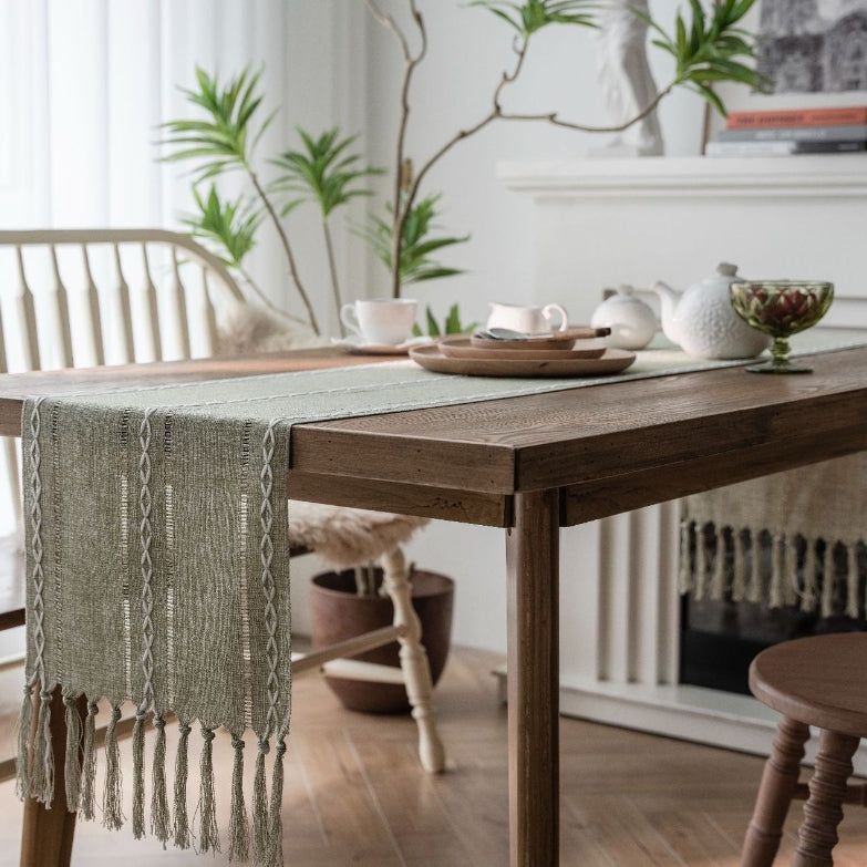 Elegant White Christmas Table Runner with Braided Design and Tassels 8