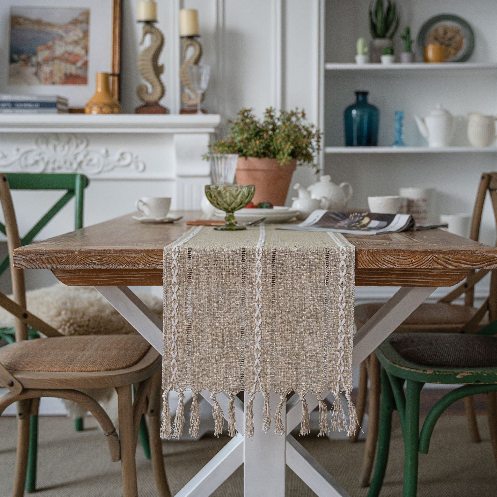 Elegant White Christmas Table Runner with Braided Design and Tassels 9