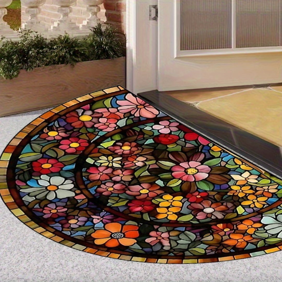 Semi-circular floral stained glass entry mat with non-slip surface on carpet