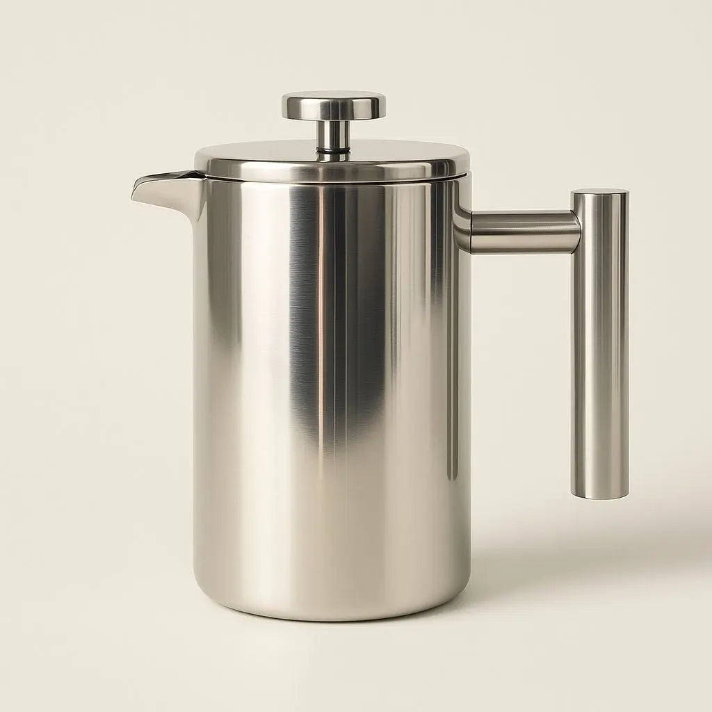 Side angle modern stainless steel French press with vertical handle