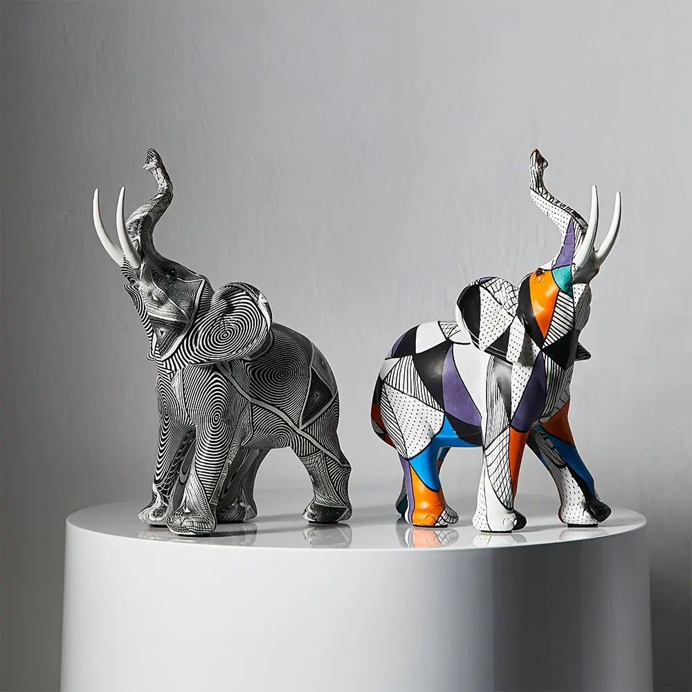 Set of black-and-white and colorful geometric elephant home decor figurines