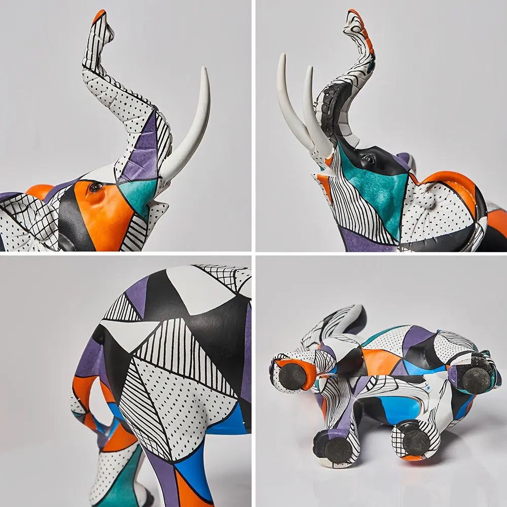 Close-up of multicolored abstract elephant sculpture showing geometric detail and base