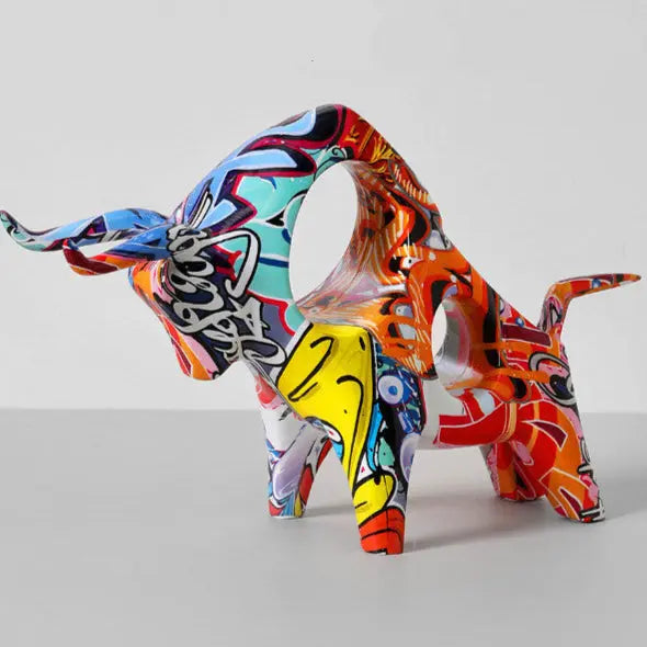 Colorful graffiti bull figurine with hollow torso and glossy resin finish