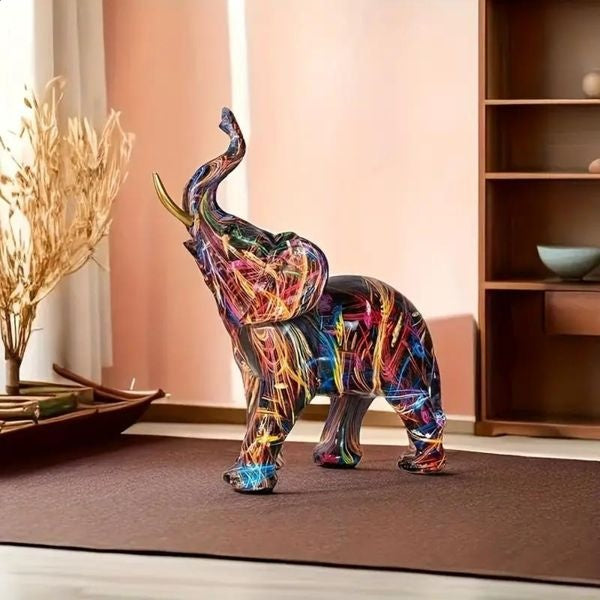 Vibrant graffiti art elephant decor on brown rug shelf