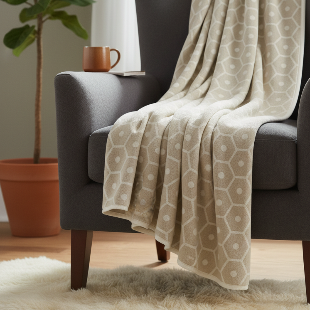 HONEY Reversible Cotton-Wool Blanket – 90x180cm Sand Honeycomb Textured Throw