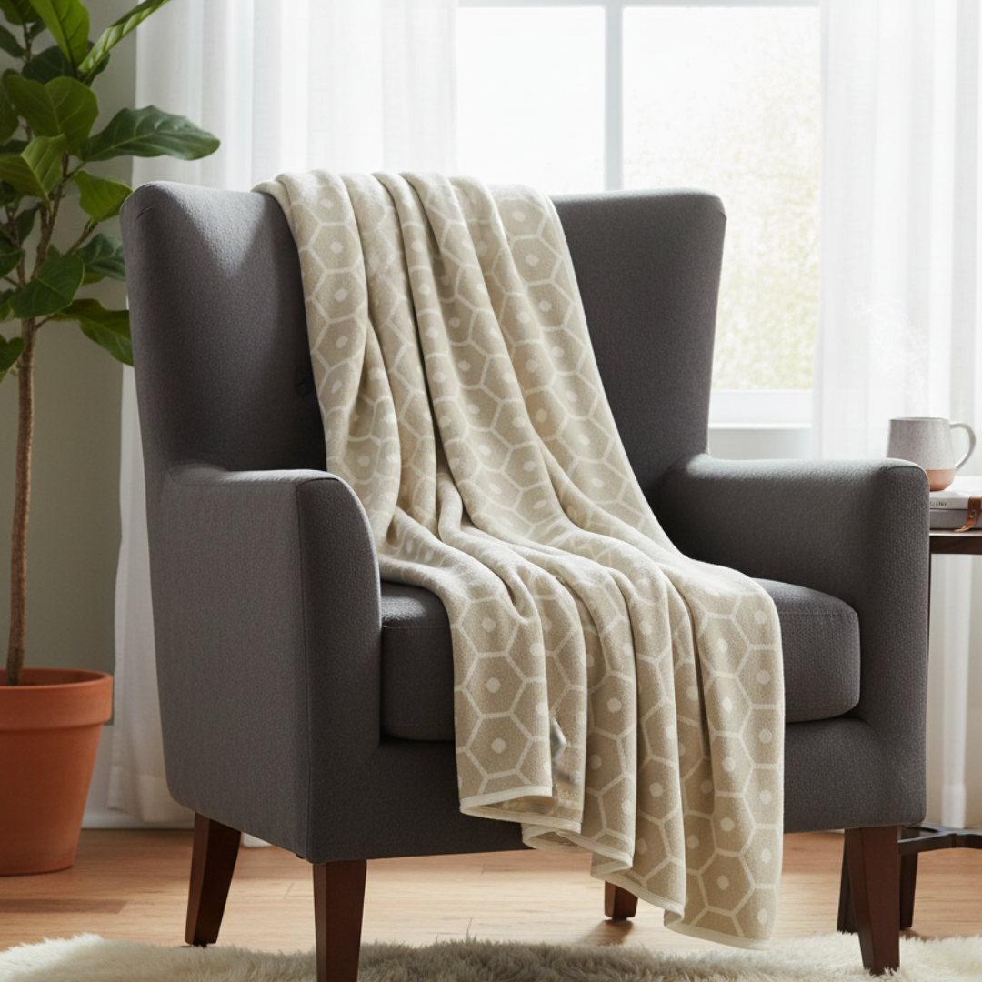 HONEY Reversible Cotton-Wool Blanket – 90x180cm Sand Honeycomb Textured Throw