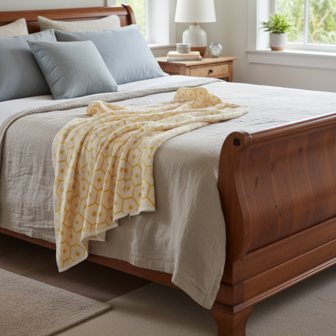 HONEY Reversible Hexagon Knit Blanket - Lemon & Cream Cotton-Wool Blend - Velvet-Soft Geometric Throw by Pappelina