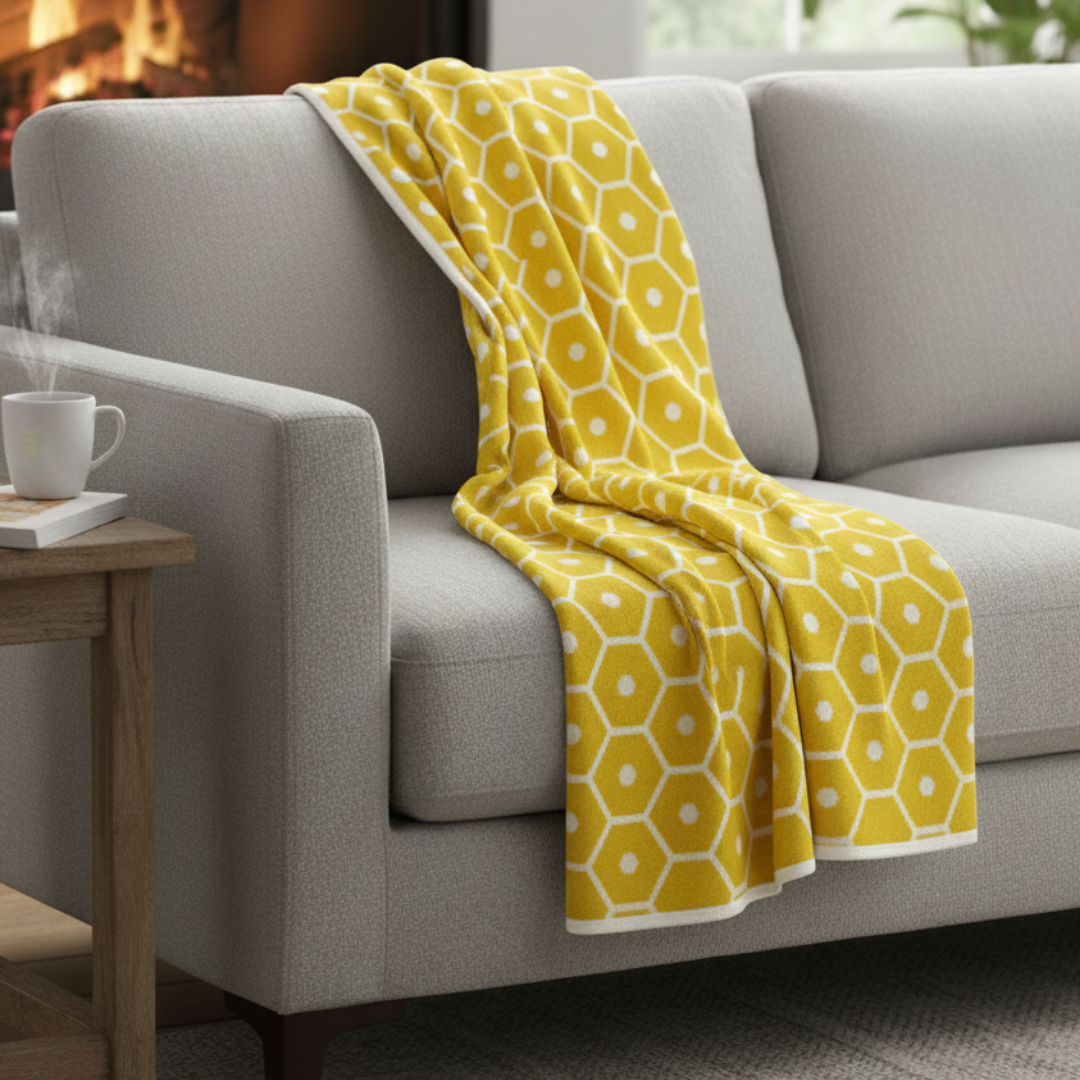 HONEY Reversible Hexagon Knit Blanket - Lemon & Cream Cotton-Wool Blend - Velvet-Soft Geometric Throw by Pappelina
