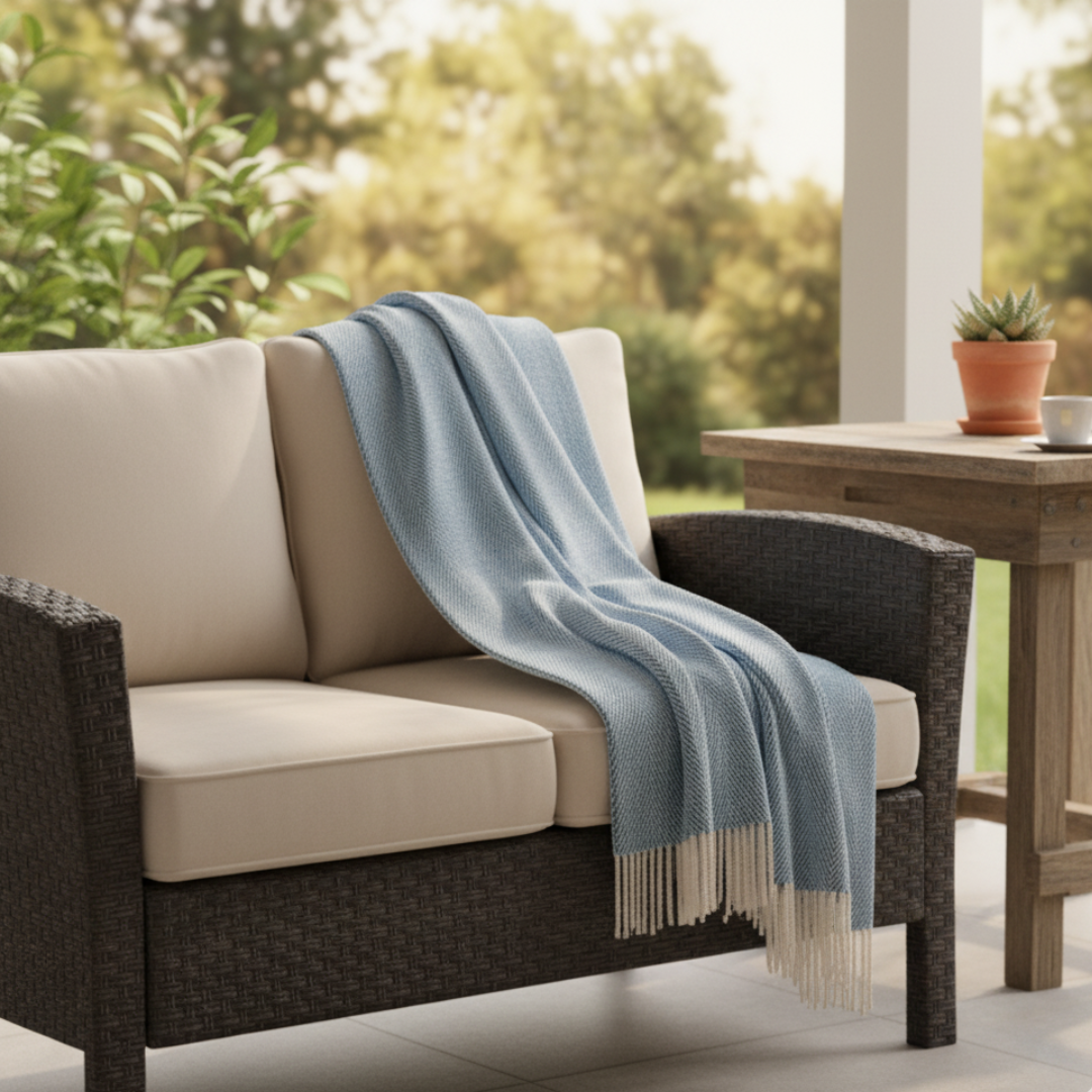 Herringbone Throw Blanket - Light Blue & White Woven Knit with Tassels