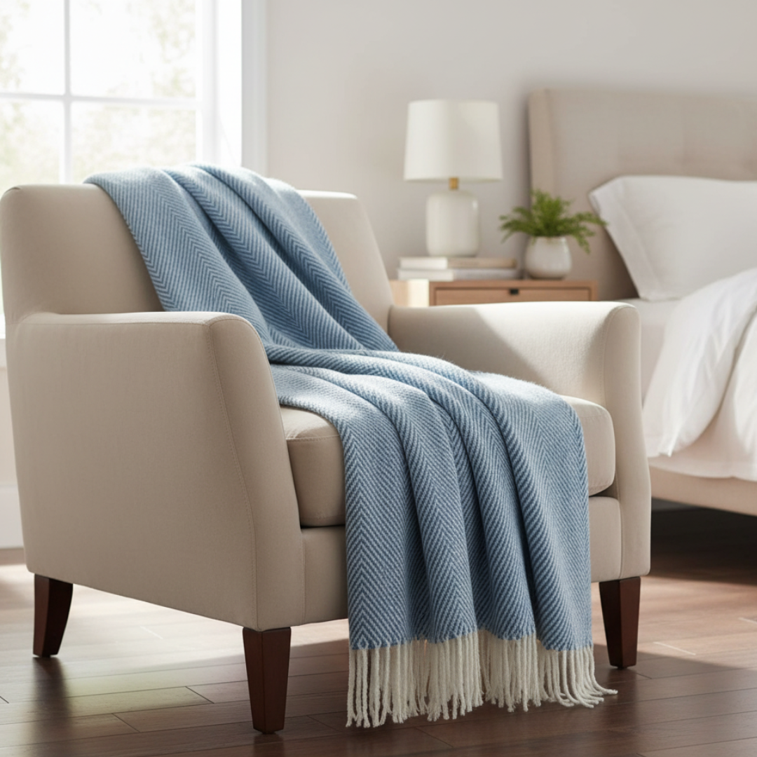 Herringbone Throw Blanket - Light Blue & White Woven Knit with Tassels