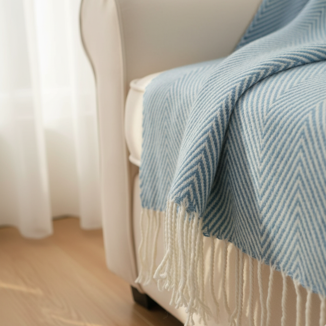 Herringbone Throw Blanket - Light Blue & White Woven Knit with Tassels