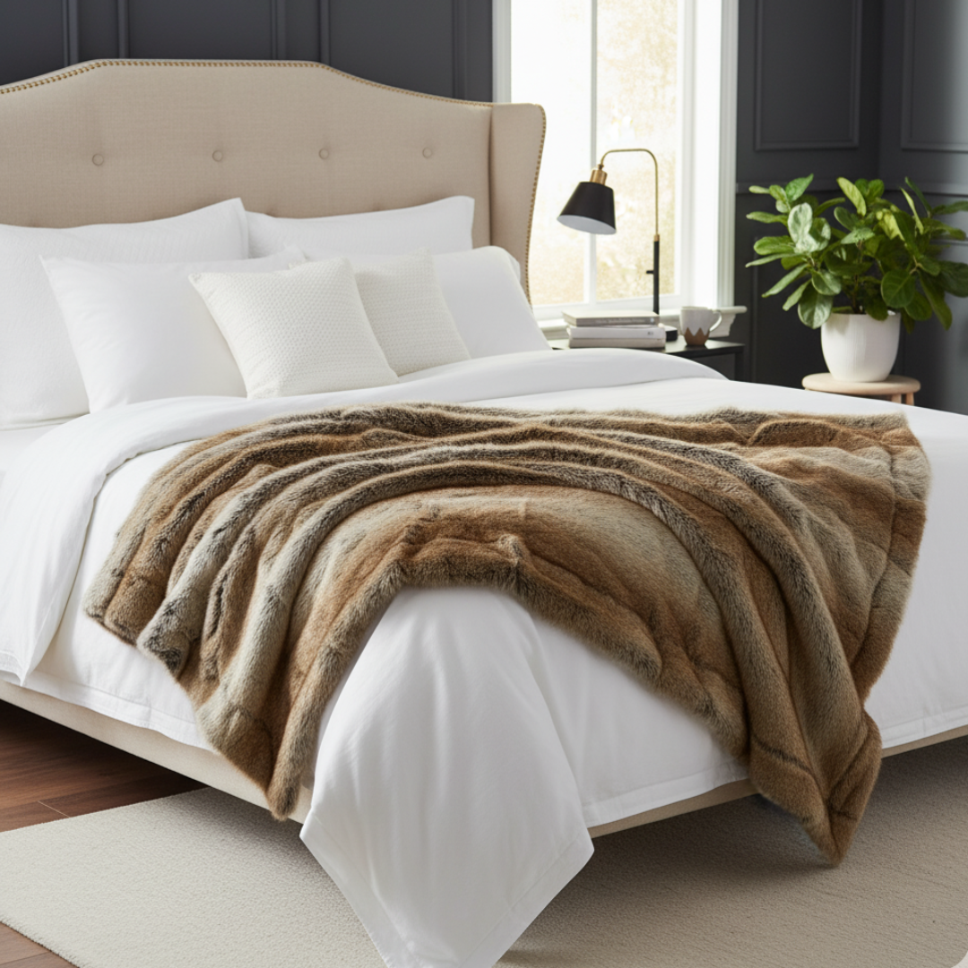 High-Pile Shaggy Faux Fur Blanket - Luxury Multi-Tonal Synthetic Fur Throw - Mixed Brown Tones