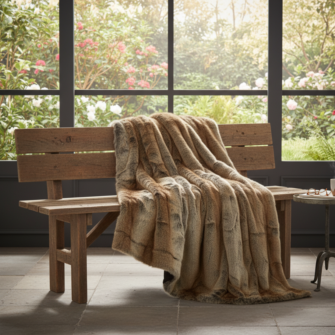 High-Pile Shaggy Faux Fur Blanket - Luxury Multi-Tonal Synthetic Fur Throw - Mixed Brown Tones