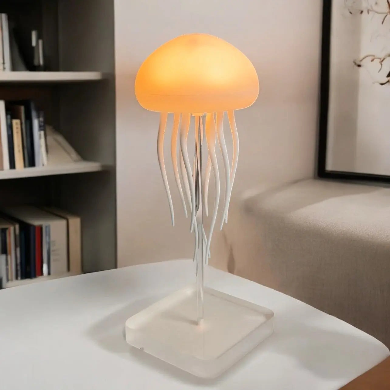 Amber light jellyfish lamp with flexible tentacles and clear base for ambient mood lighting