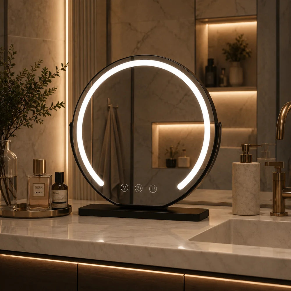 Black LED makeup mirror with touch sensor icons on counter