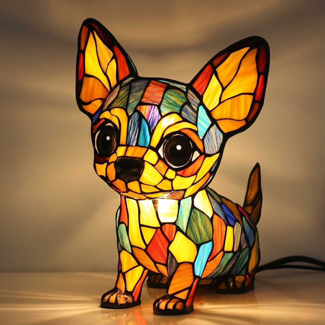 Chihuahua stained glass lamp with bright rainbow segments and visible power cord