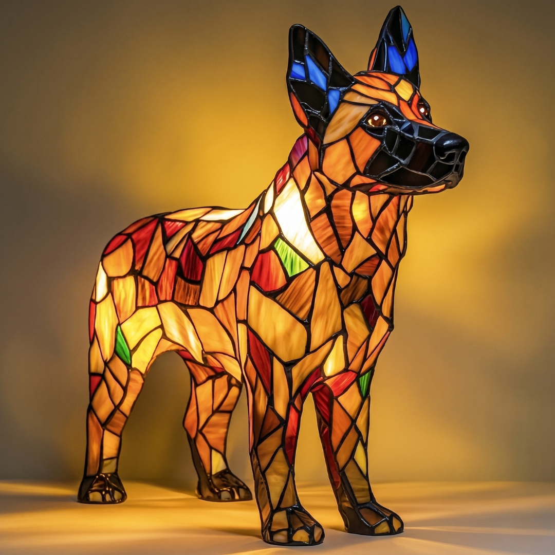 German Shepherd stained glass lamp with amber and orange mosaic segments