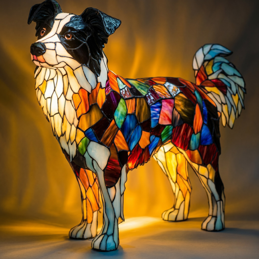 Black and white dog LED lamp with colorful torso accents and warm yellow glow
