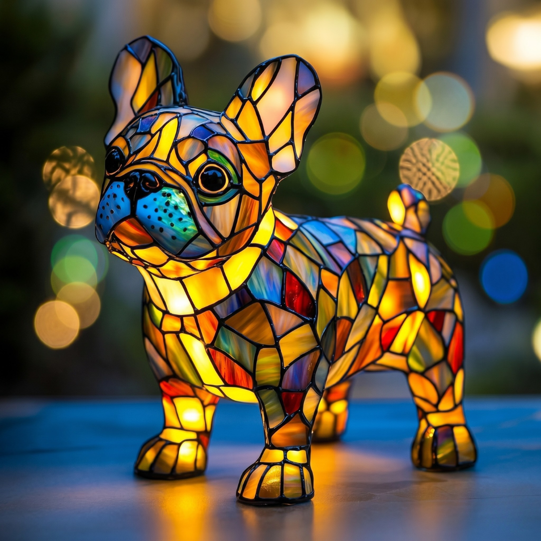 French Bulldog stained glass lamp with multicolor panels and bokeh background