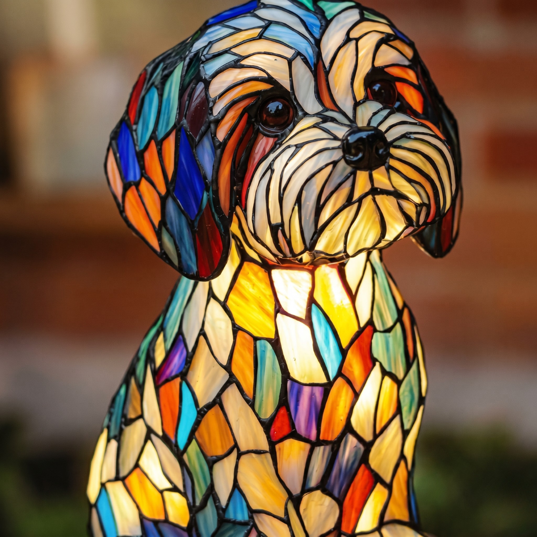 Close-up of textured fur detail on seated dog stained glass LED night light