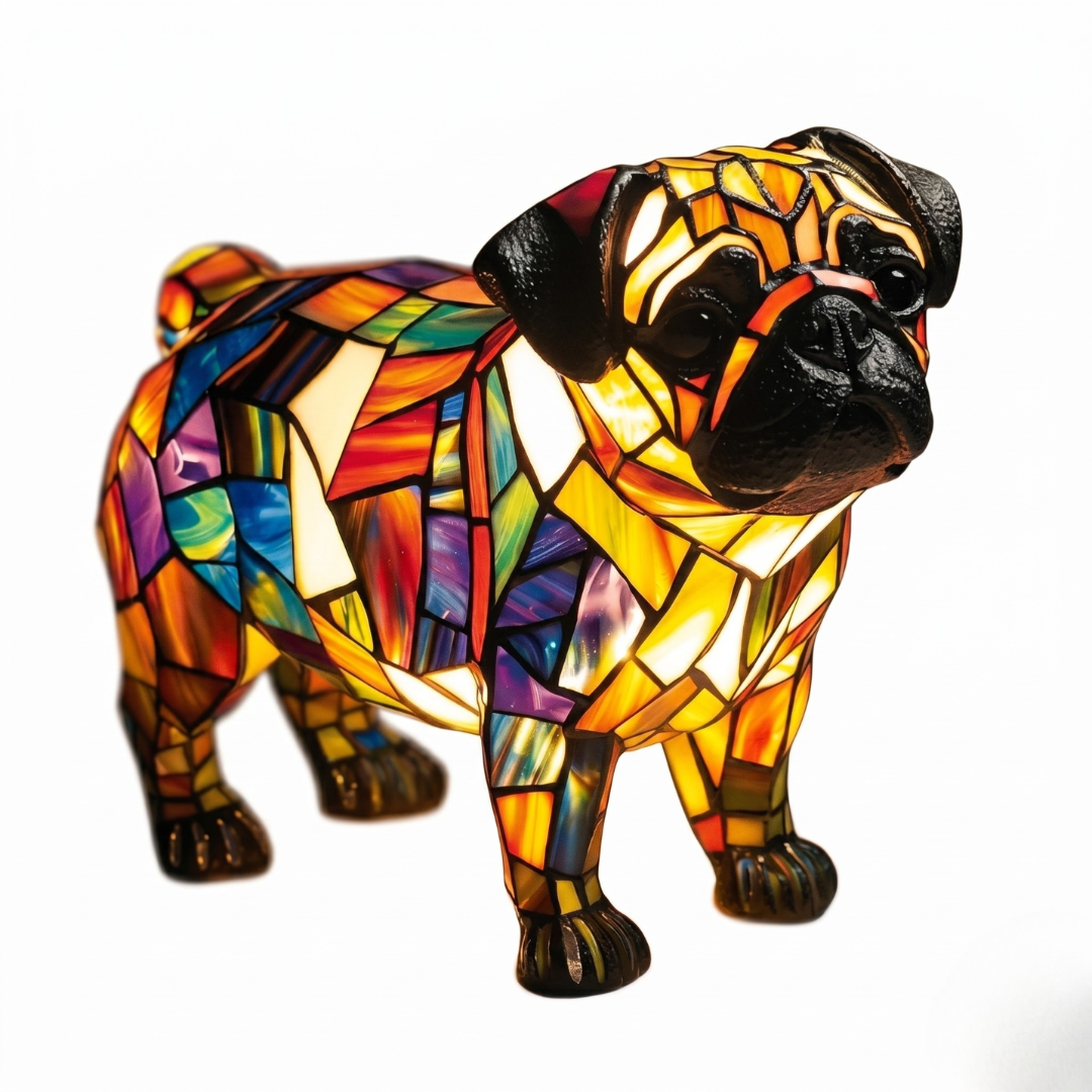 Pug LED night light with abstract geometric stained glass mosaic in bright colors