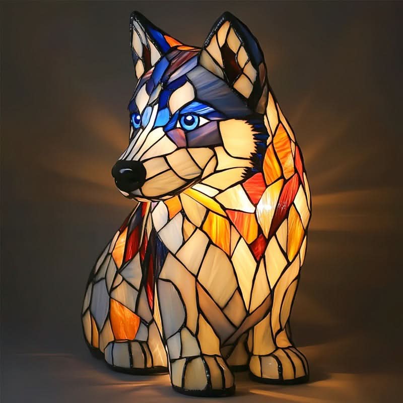 Geometric blue and white wolf stained glass LED lamp with cool color accents