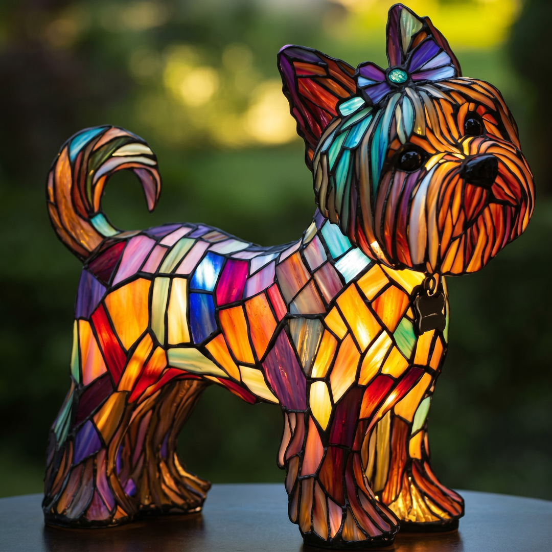 Yorkshire Terrier LED lamp with purple bow and vibrant multicolor stained glass