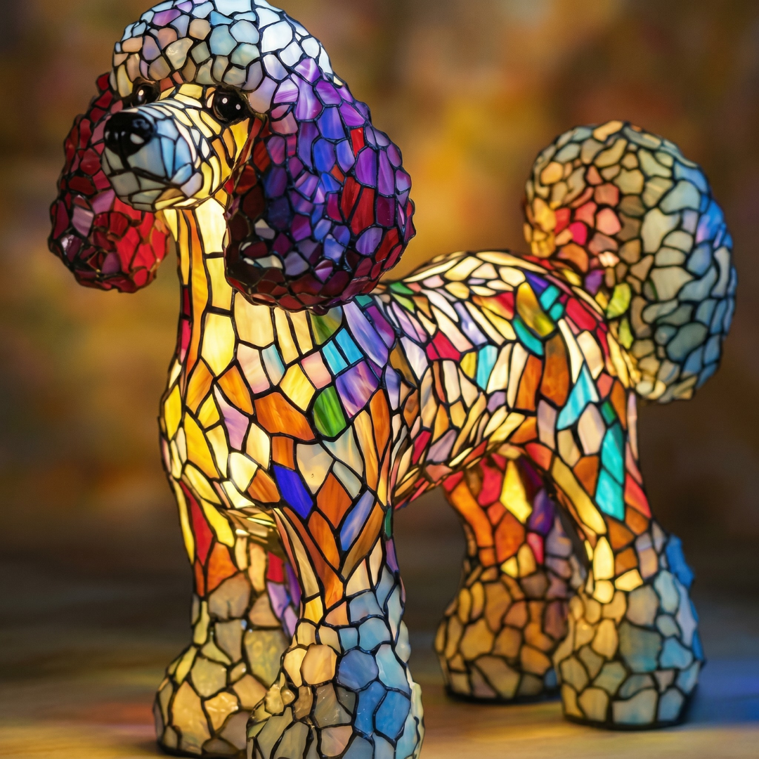 Poodle stained glass night light with curly ears and vibrant mosaic colors
