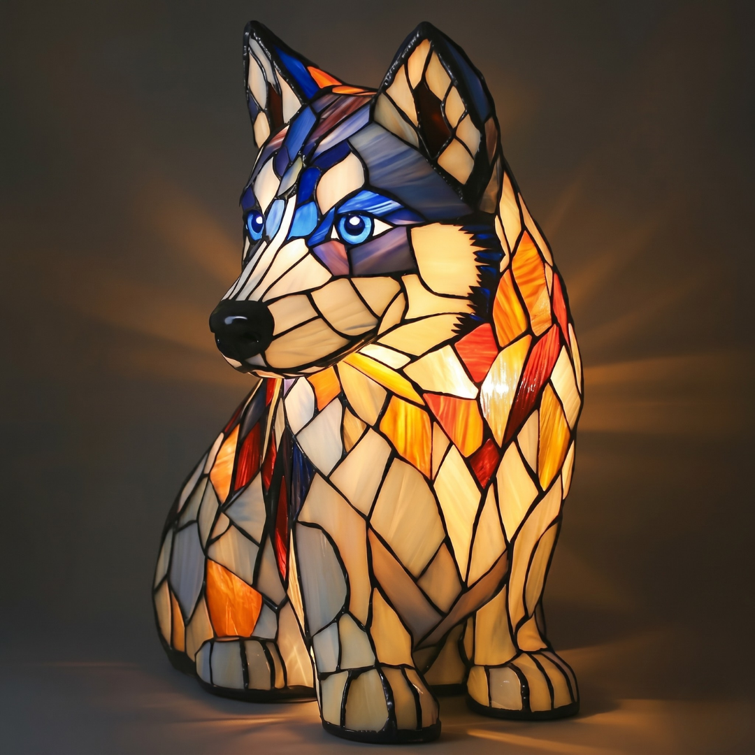 Mosaic pattern dog night light in blue and orange stained glass with warm light