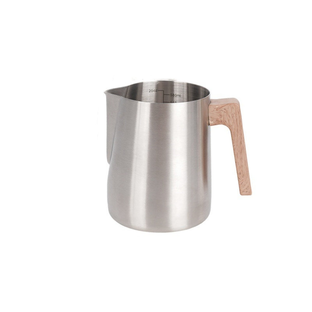 Stainless steel barista tool with polished finish, tapered body and light wood handle