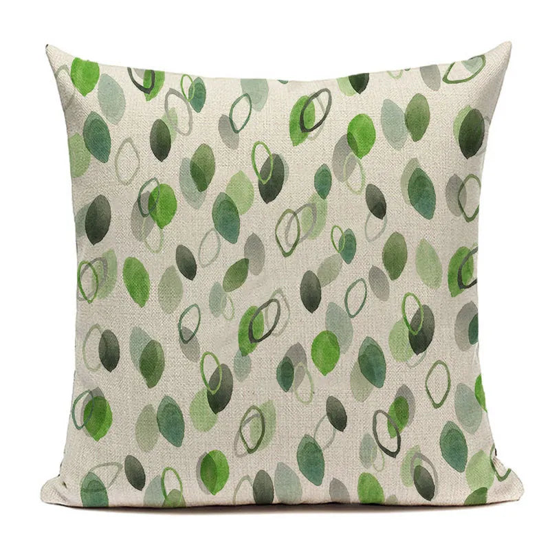 Abstract green and gray botanical shapes cushion cover in organic fabric