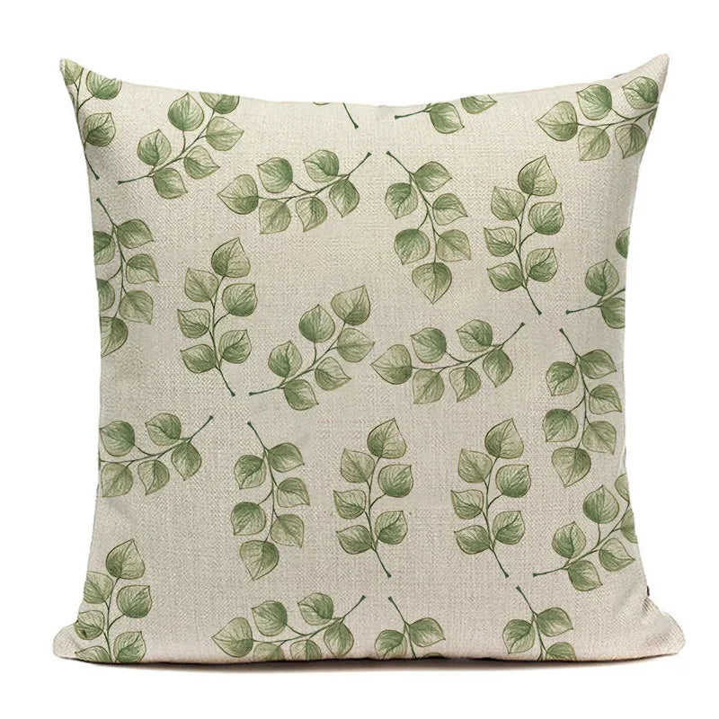 Eucalyptus branch repeating pattern throw pillow case in muted green tones