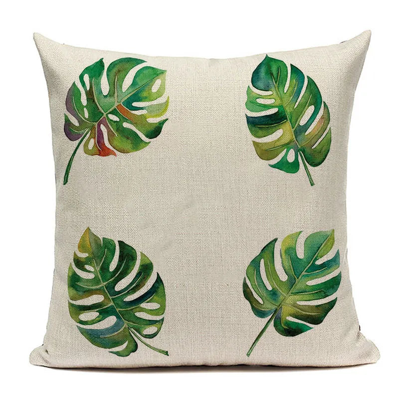 Monstera leaf watercolor botanical pillow case on beige textured cotton linen