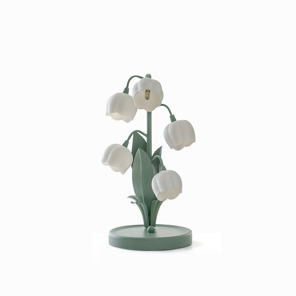 Lily of the Valley table lamp with sage green metallic base and five frosted white bell glass shades