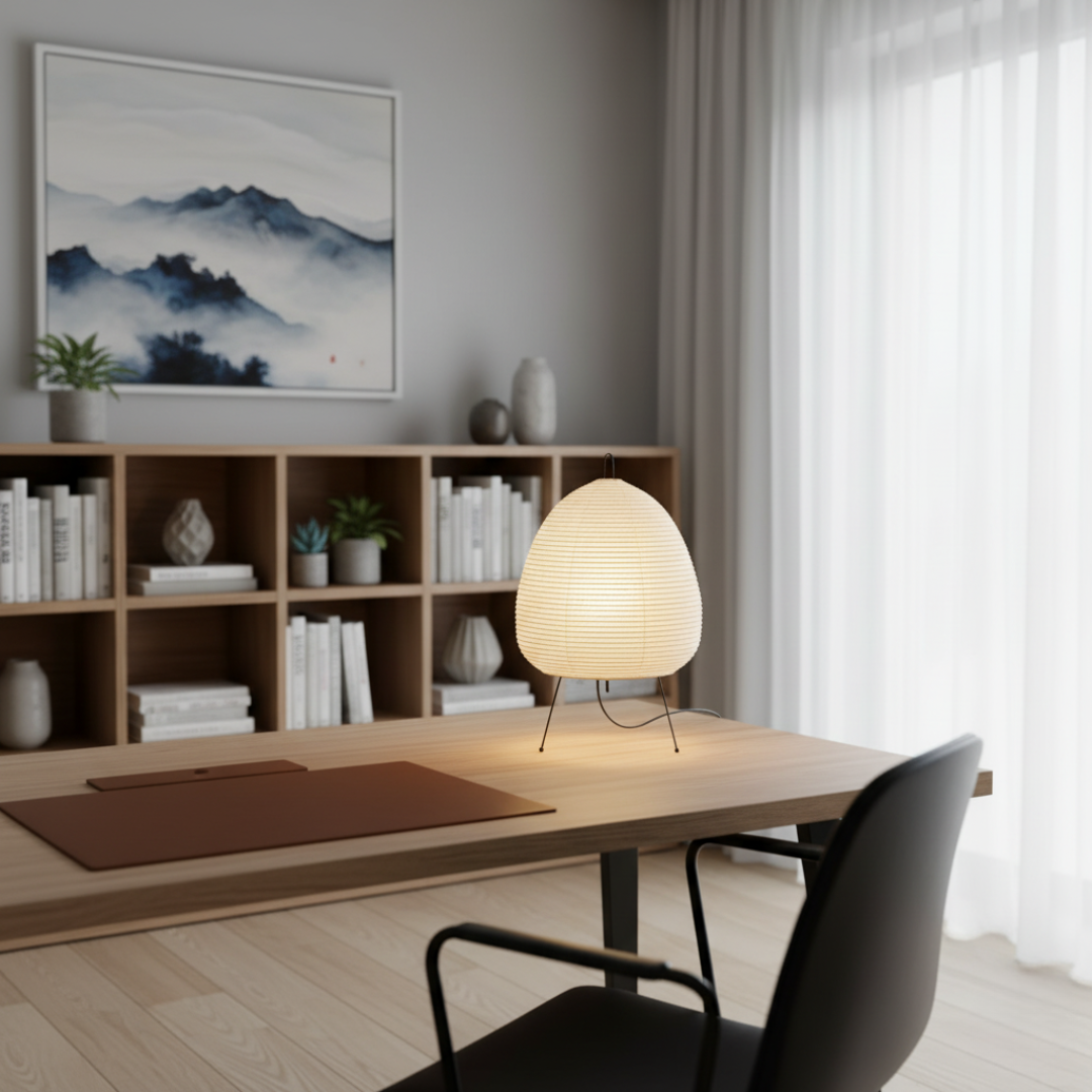 LumiaTria Japandi Rice Paper Table Lamp - Minimalist Tripod Desk Light, E27 2