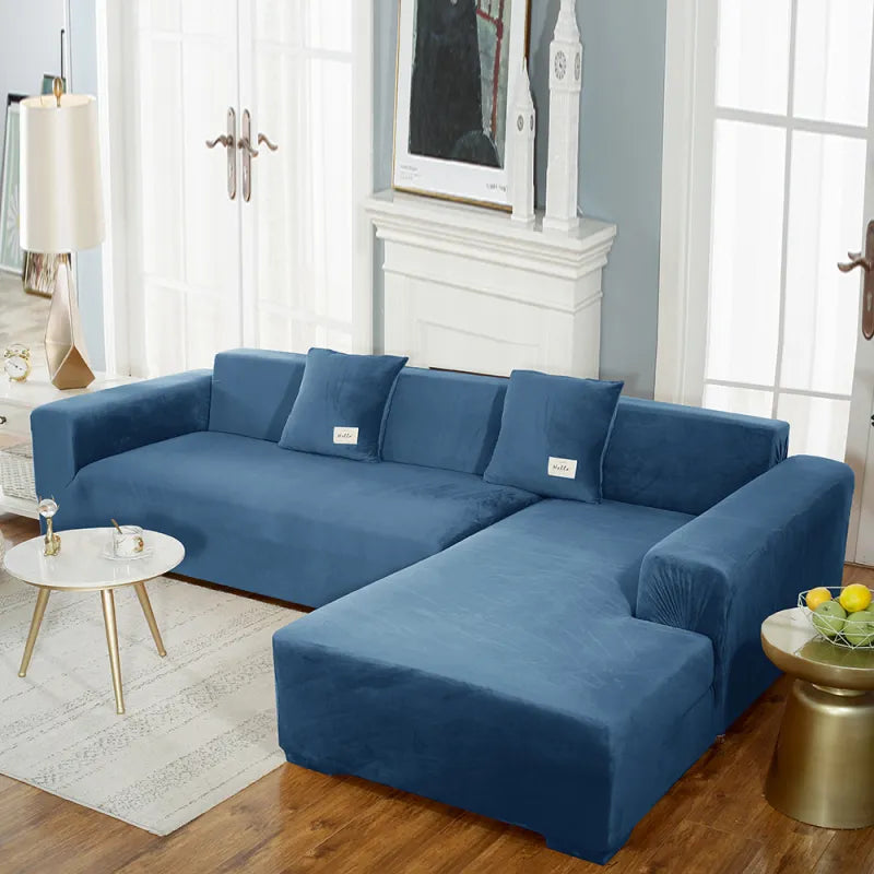 Blue stretch velvet L-shaped sectional slipcover with plush texture