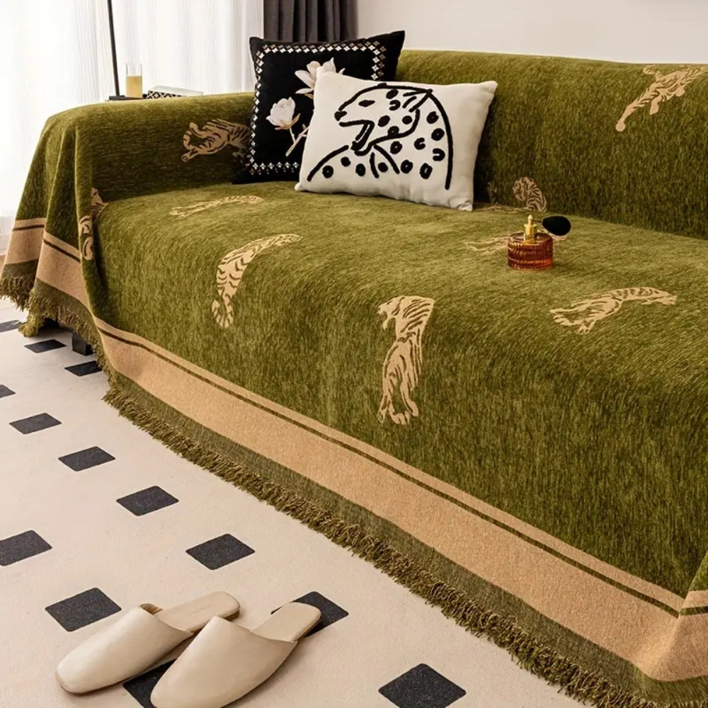 Luxurious Chenille Sofa Cover – Reversible Design with Striking Tiger Motif 1