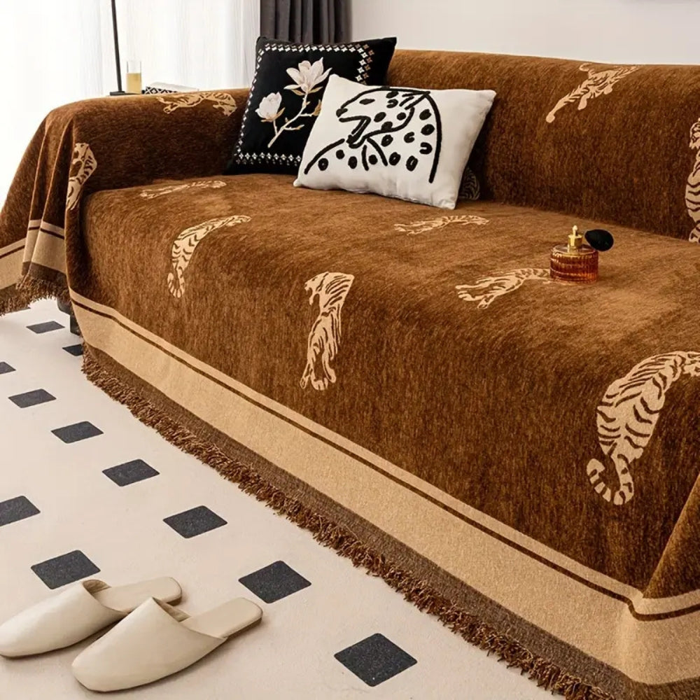 Luxurious Chenille Sofa Cover – Reversible Design with Striking Tiger Motif 3