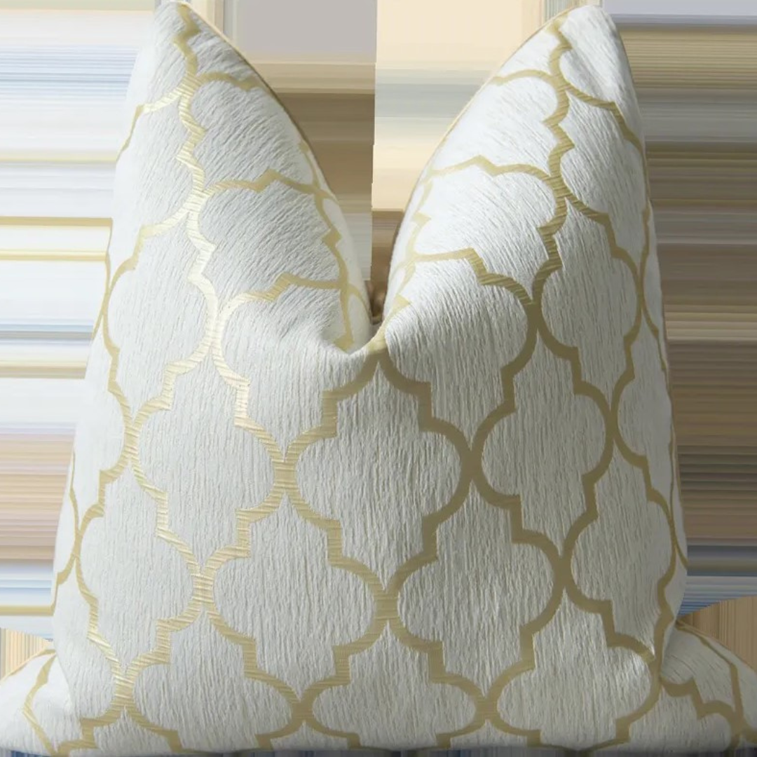 Cream quatrefoil gold thread metallic throw pillow case