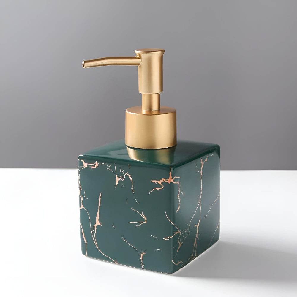 Dark green marble ceramic soap dispenser with matte gold pump