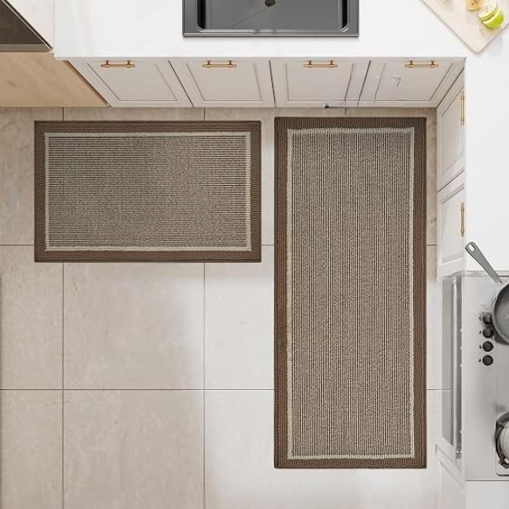 Set of square and rectangular kitchen mats with woven texture on beige tile
