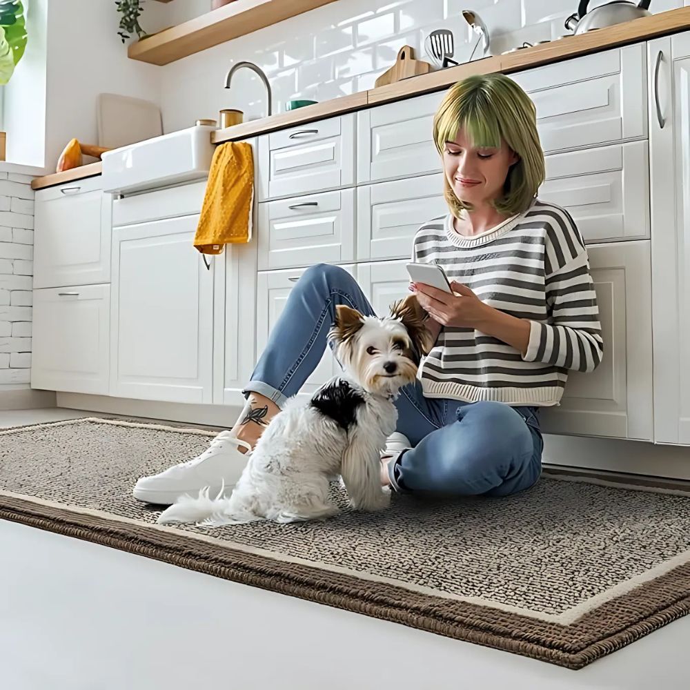 Cozy person sitting on anti-fatigue kitchen floor mat with dog in modern home