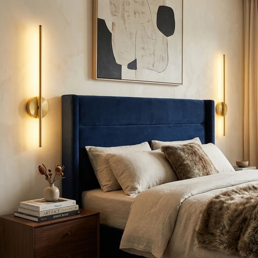 Modern black minimalist wall sconce with warm glow beside bed