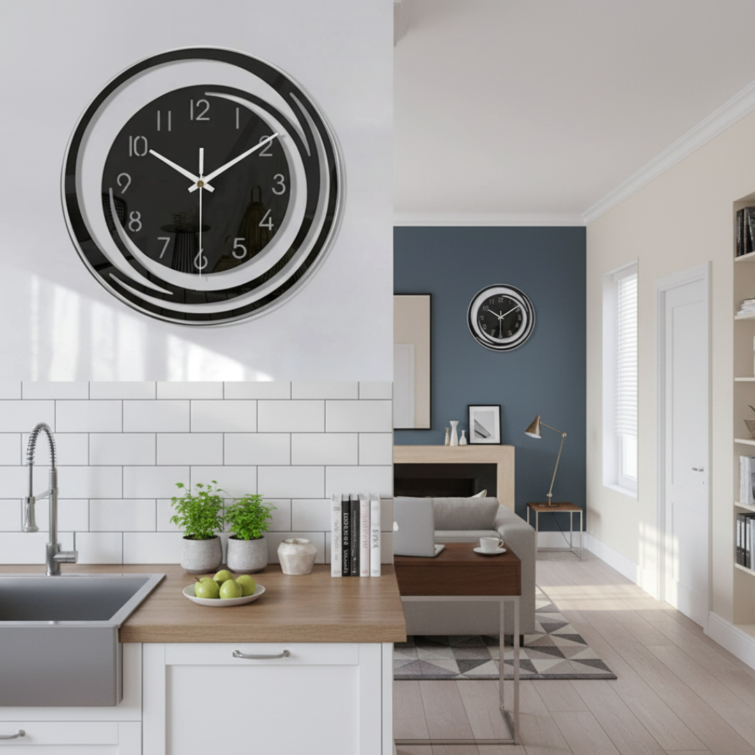 Close-up of matte black and silver ring wall clock in kitchen
