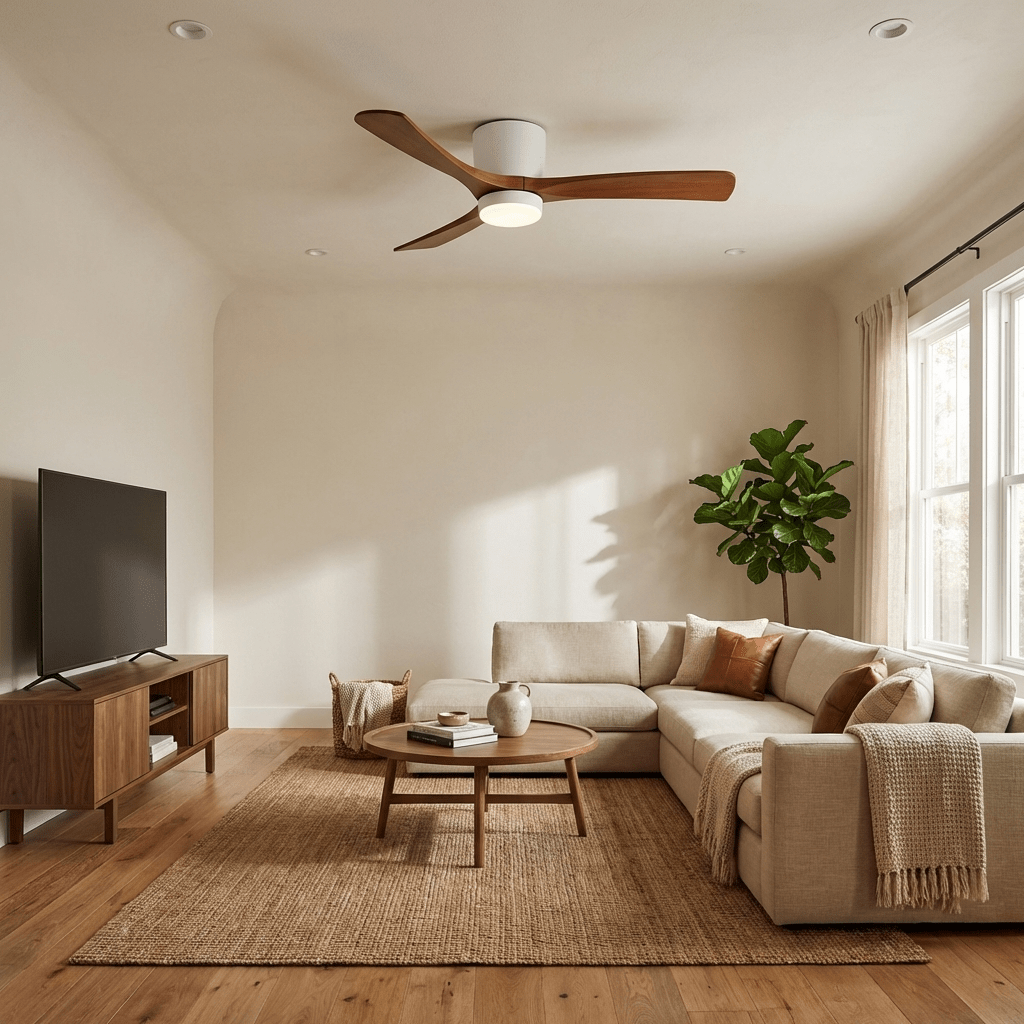 White flush mount fan with wood blades in contemporary living room