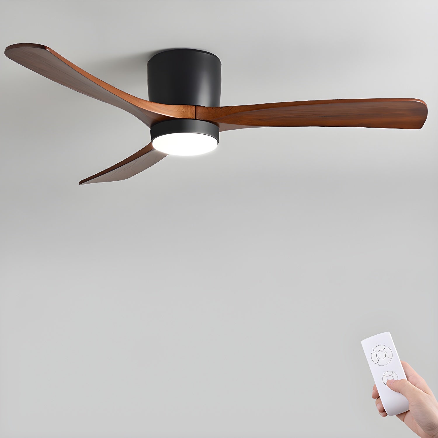 Grey flush mount ceiling fan with remote and 3 wood blades