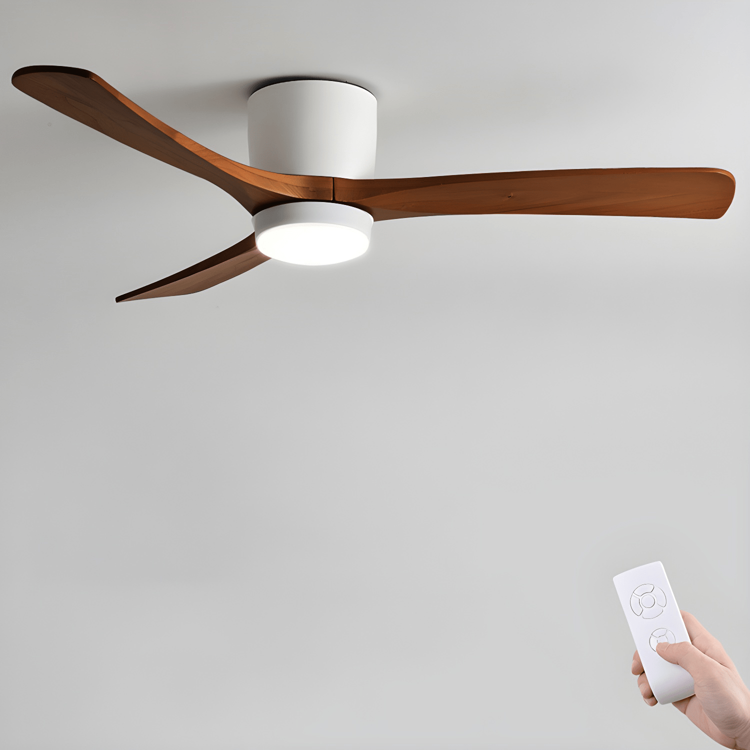 White ceiling fan with 3 medium brown wooden blades and LED light