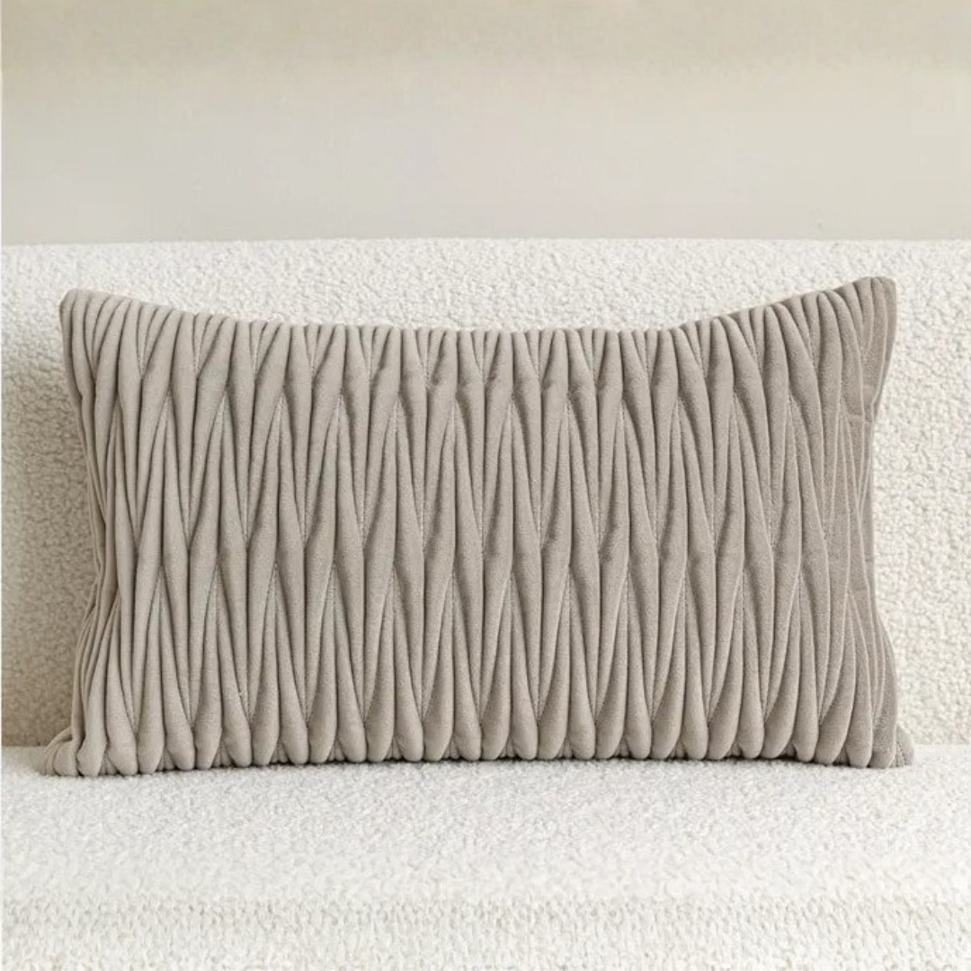 Beige vertical pleated velvet lumbar pillow for sofa