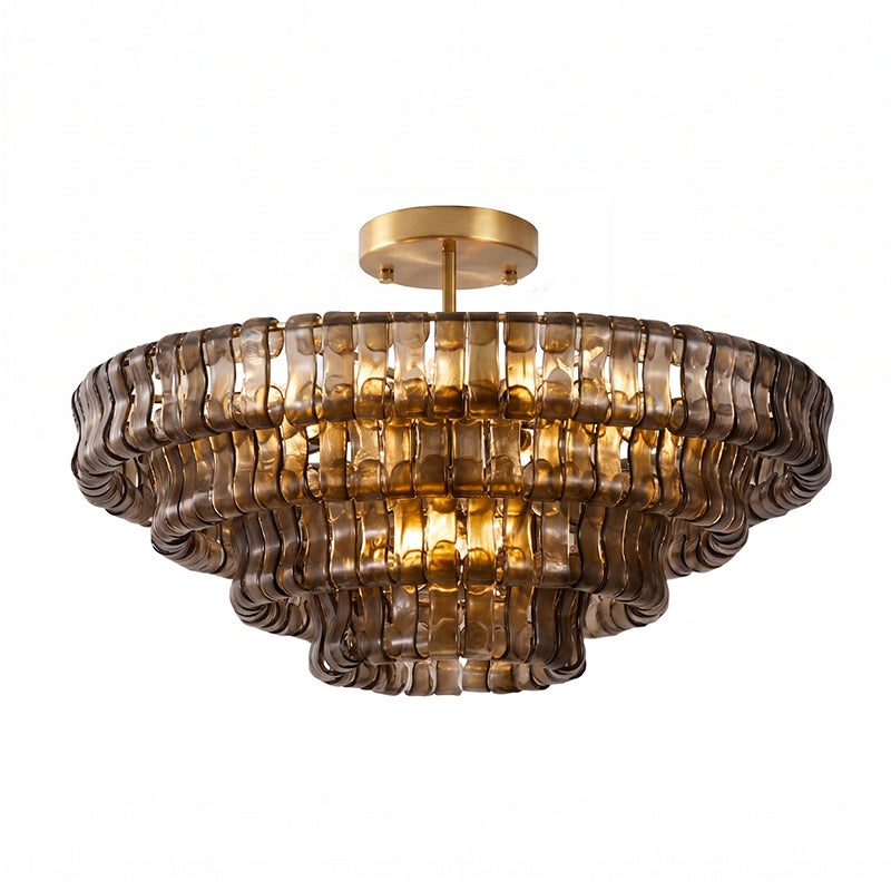 front view of multi-tiered smoky amber glass chandelier with ripple texture
