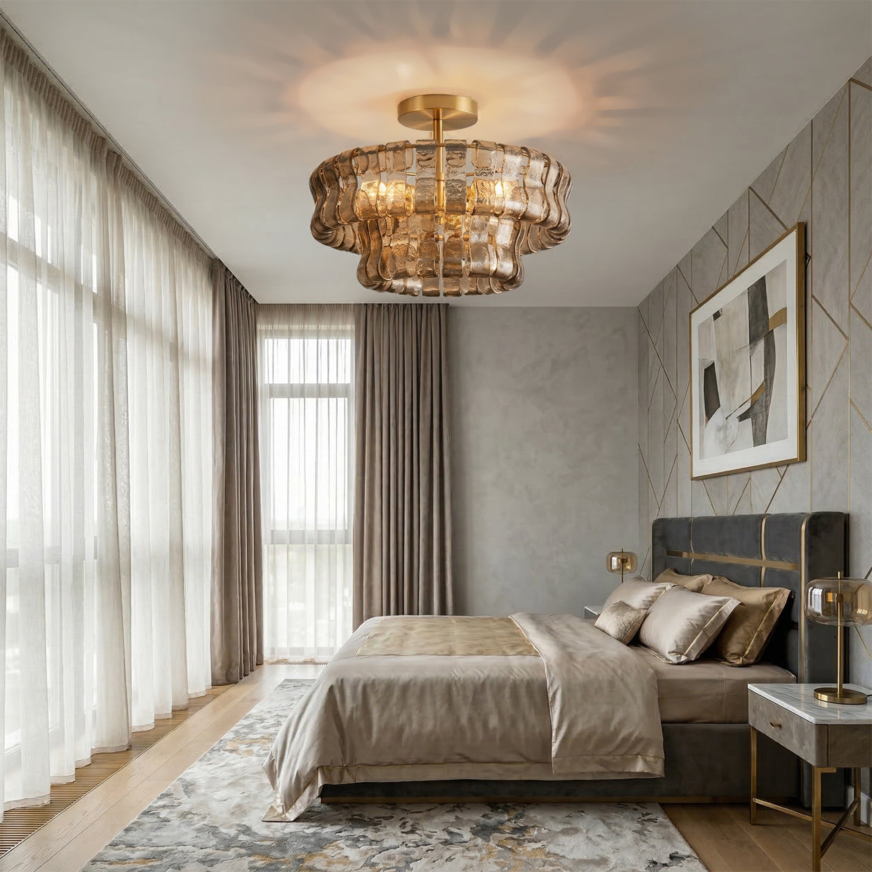 amber wavy glass chandelier installed above bed in modern bedroom setting